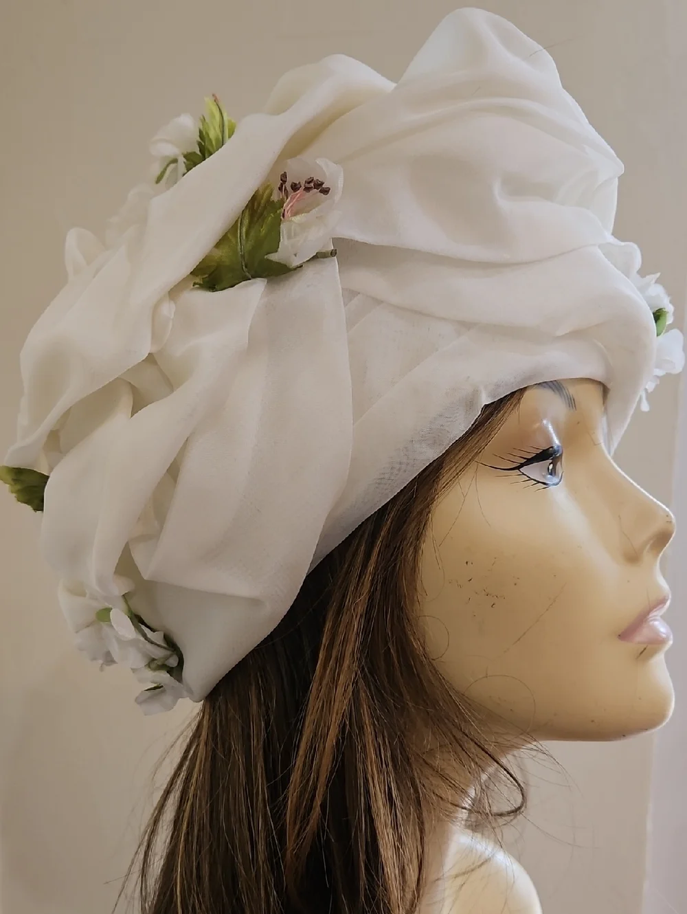 Bellini Originals Off White Floral Draped Turban‎ Hat - Made USA Church Tea